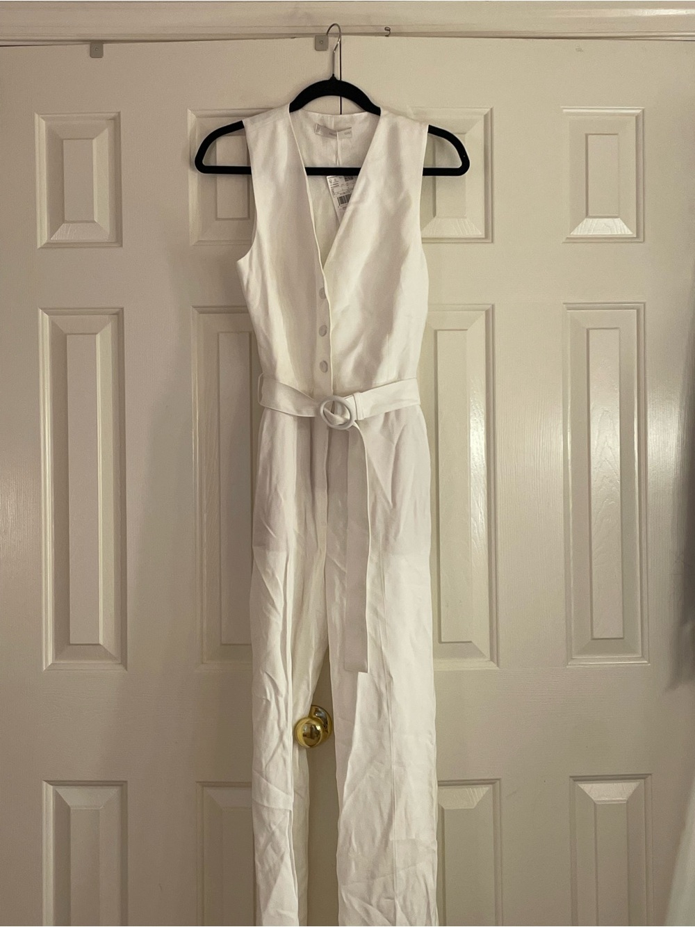 Mango White Sleeveless Button-Front Belted Jumpsuit